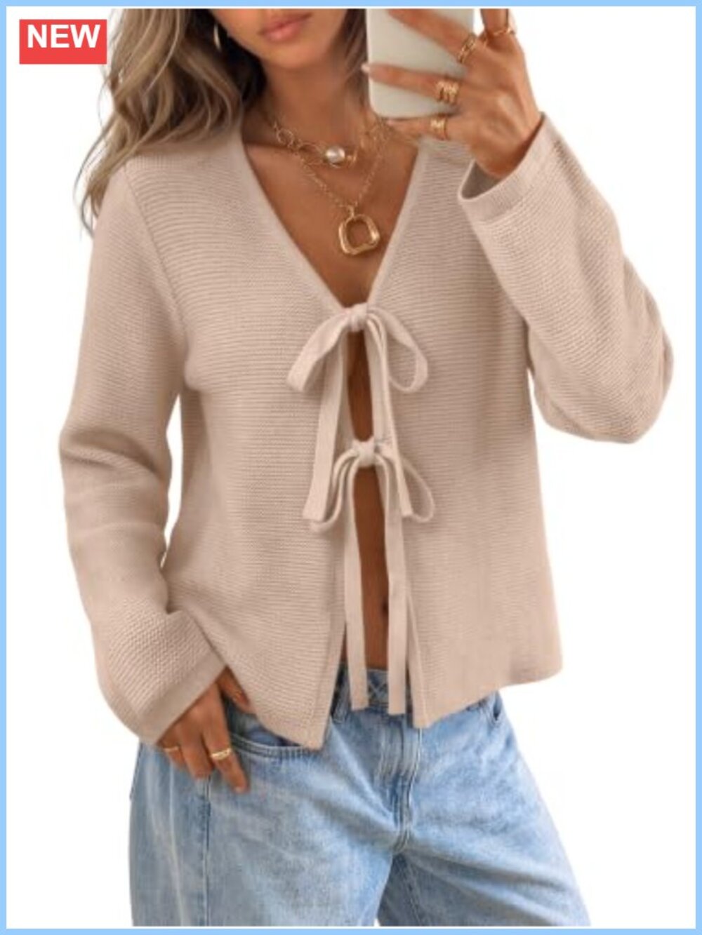 Womens Tie Front Cardigan Sweater Acrylic Cotton V-Neck Long Sleeve